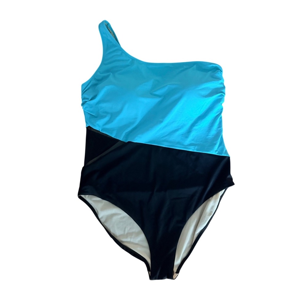 Swimsuits For All Women 16ā Blue Black One Shoulder Mesh Colorblock Swimsuit